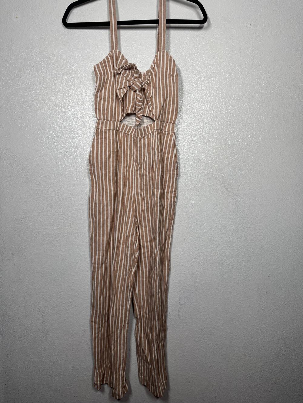 Abercrombie & Fitch Cutout Tie Jumpsuit Tan White Sz S Linen Striped